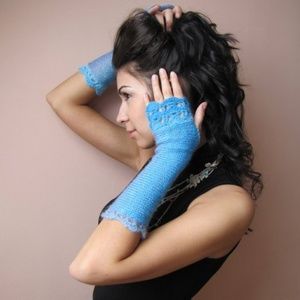 Handknit  Fingerless Long Gloves aqua, ice blue